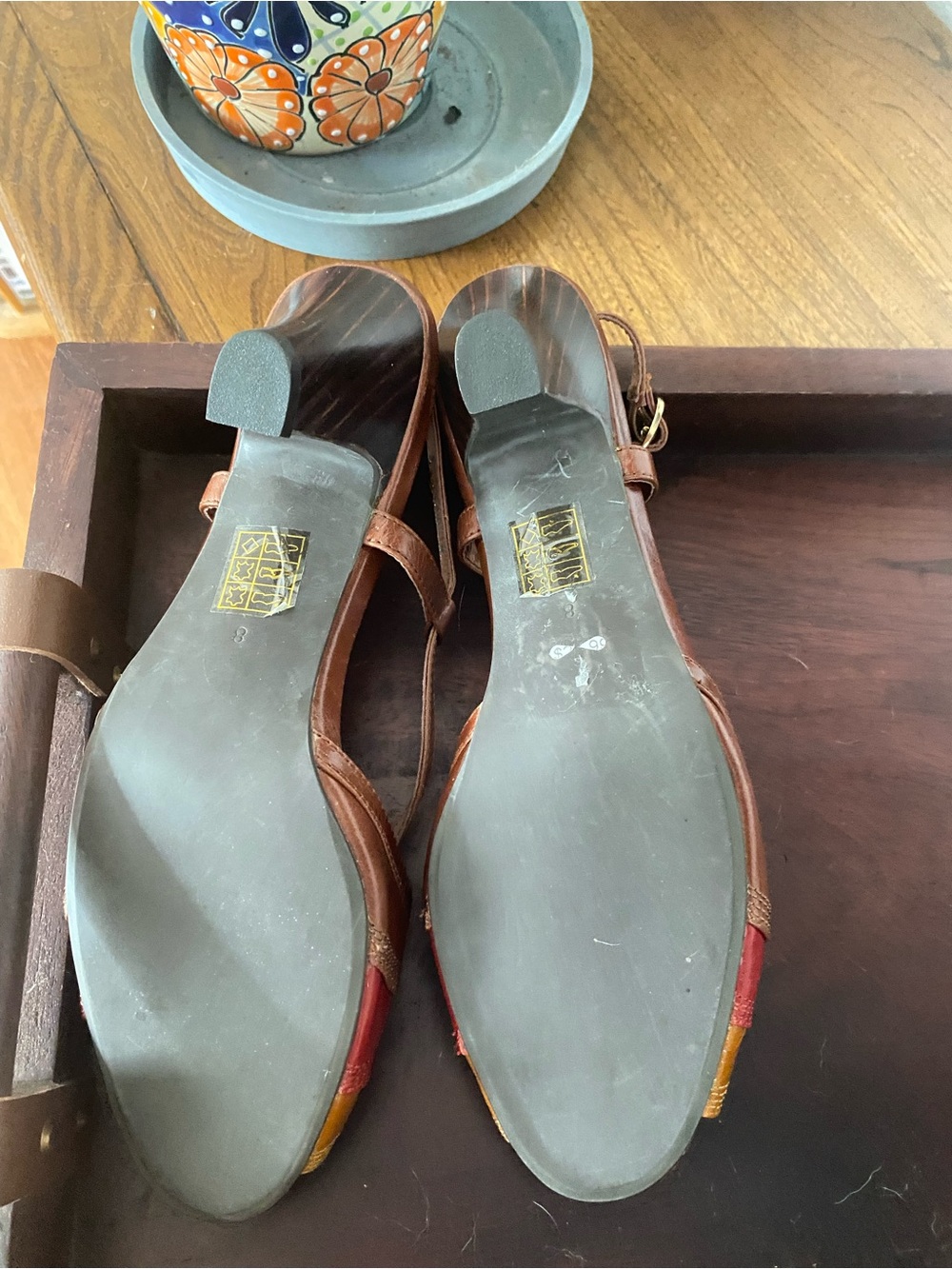 Jeffrey Campbell Brown Leather Slingback Sandals with Red & Yellow Chevron - Picture 6 of 6